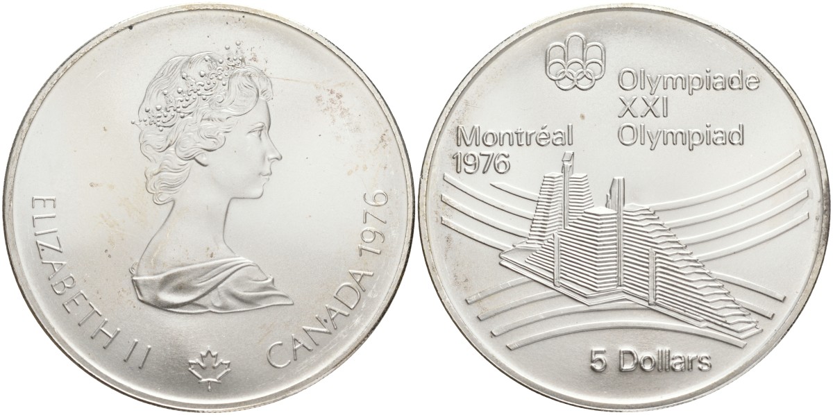 Канада 5 долларов 1976 XXI летние Олимпийские игры в Монреале 1976 года, Олимпийская деревня KM 109 серебро UNC 1525-512