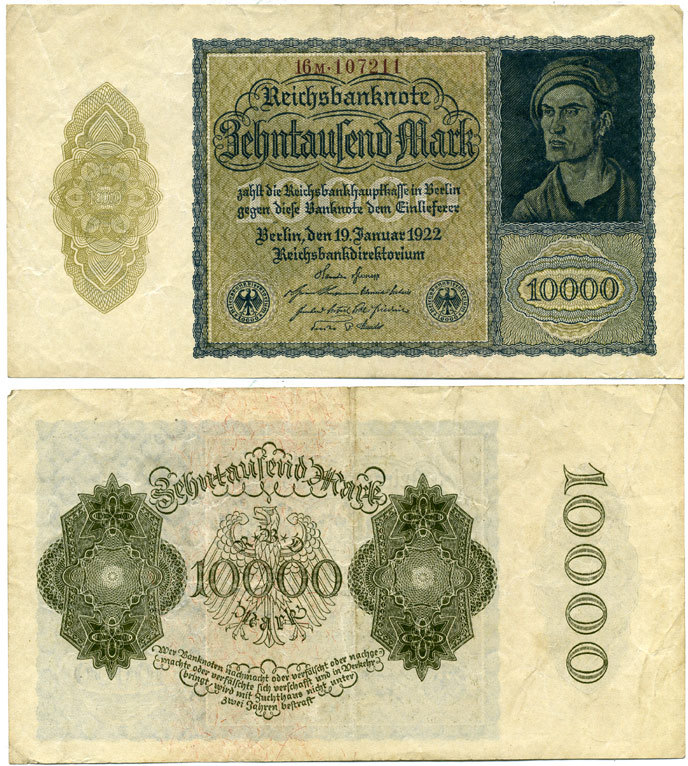 ГЕРМАНИЯ 10000 МАРОК 1922 19 ЯНВАРЯ 1922, АЛЬБРЕХТ ДЮРЕР, РАЗМЕРЫ 180 Х 100 ММ. Pick 72 бумага 3295-94-3
