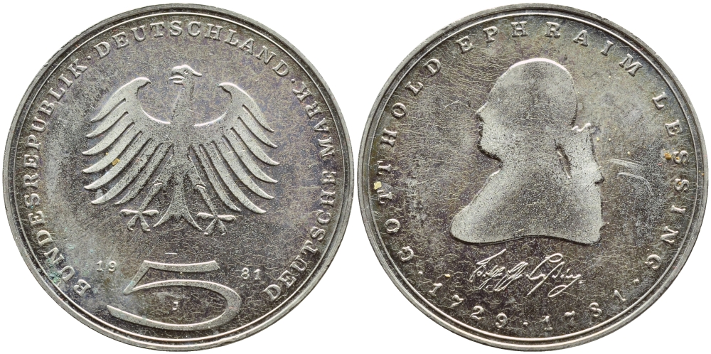ФРГ 5 марок 1981 J, 200 лет со дня смерти Готхольда Эфраима Лессинга KM 154, J.429 медно-никель плакированный никелем UNC 4394-124