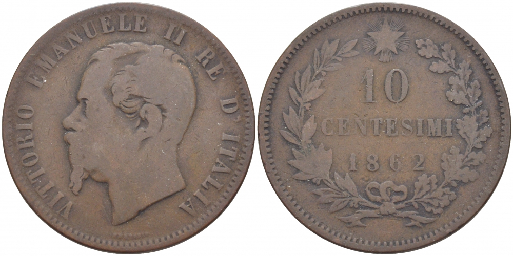 ИТАЛИЯ 10 ЧЕНТЕЗИМО 1862 ВИКТОР ИМАНУИЛ II KM 11.2 медь 51-1436