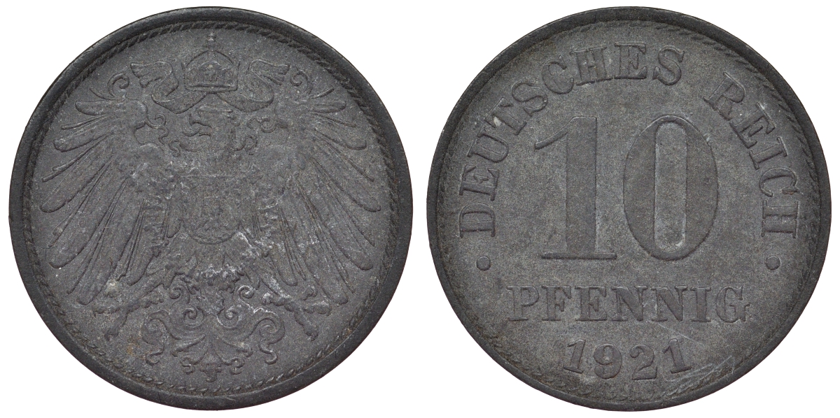 Германия 10 пфеннигов 1921 KM 26, J. 299, Weege 8 цинк 4119-1127