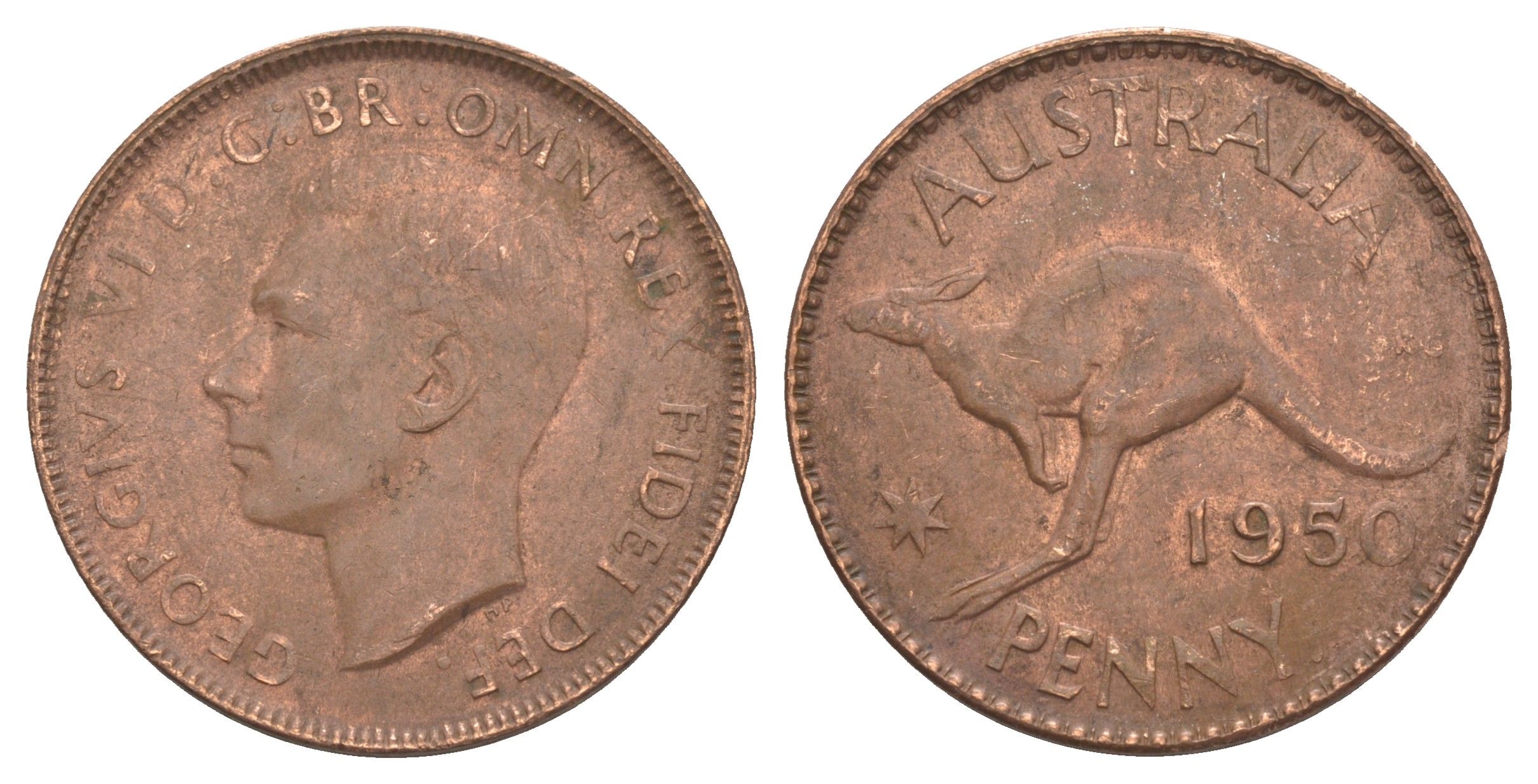 Австралия 1 пенни 1950 Георг VI (1936-1952), кенгуру KM 43 бронза aUNC 88-1144