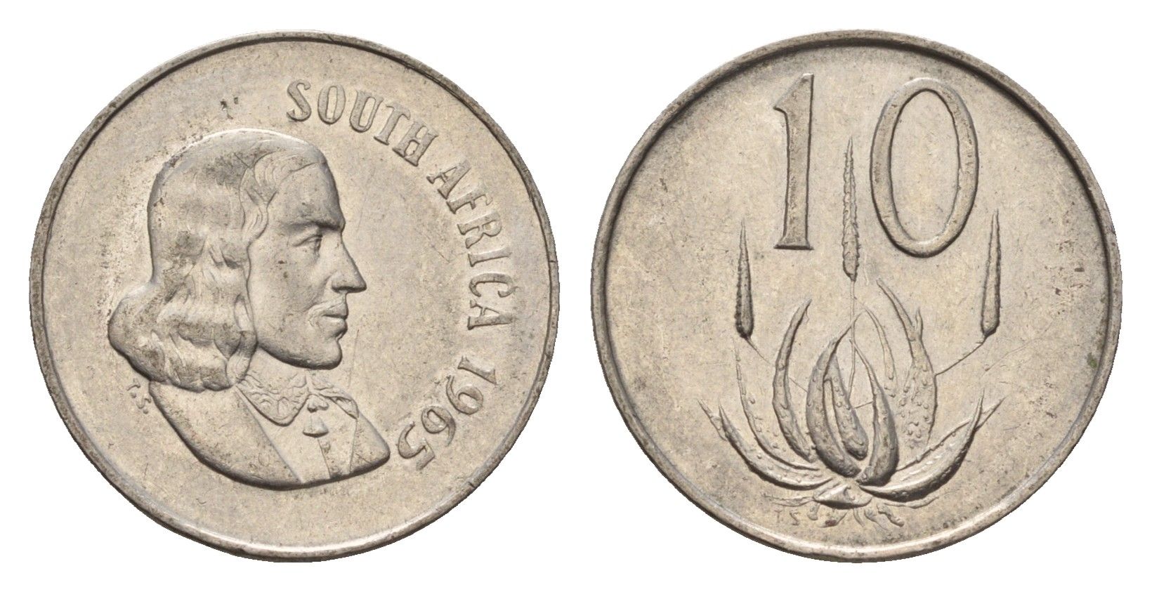 ЮАР 10 центов 1965 Ян ван Рибек (1619-1677), South Africa, легенда на африкаанс, цветок алоэ KM 68.1 никель 4687-325