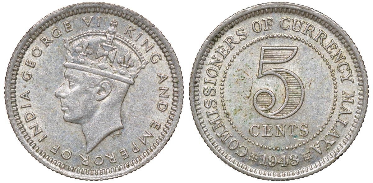Британская Малайя 5 центов 1943 Георг VI (1937-1952) KM 3a серебро 53-133
