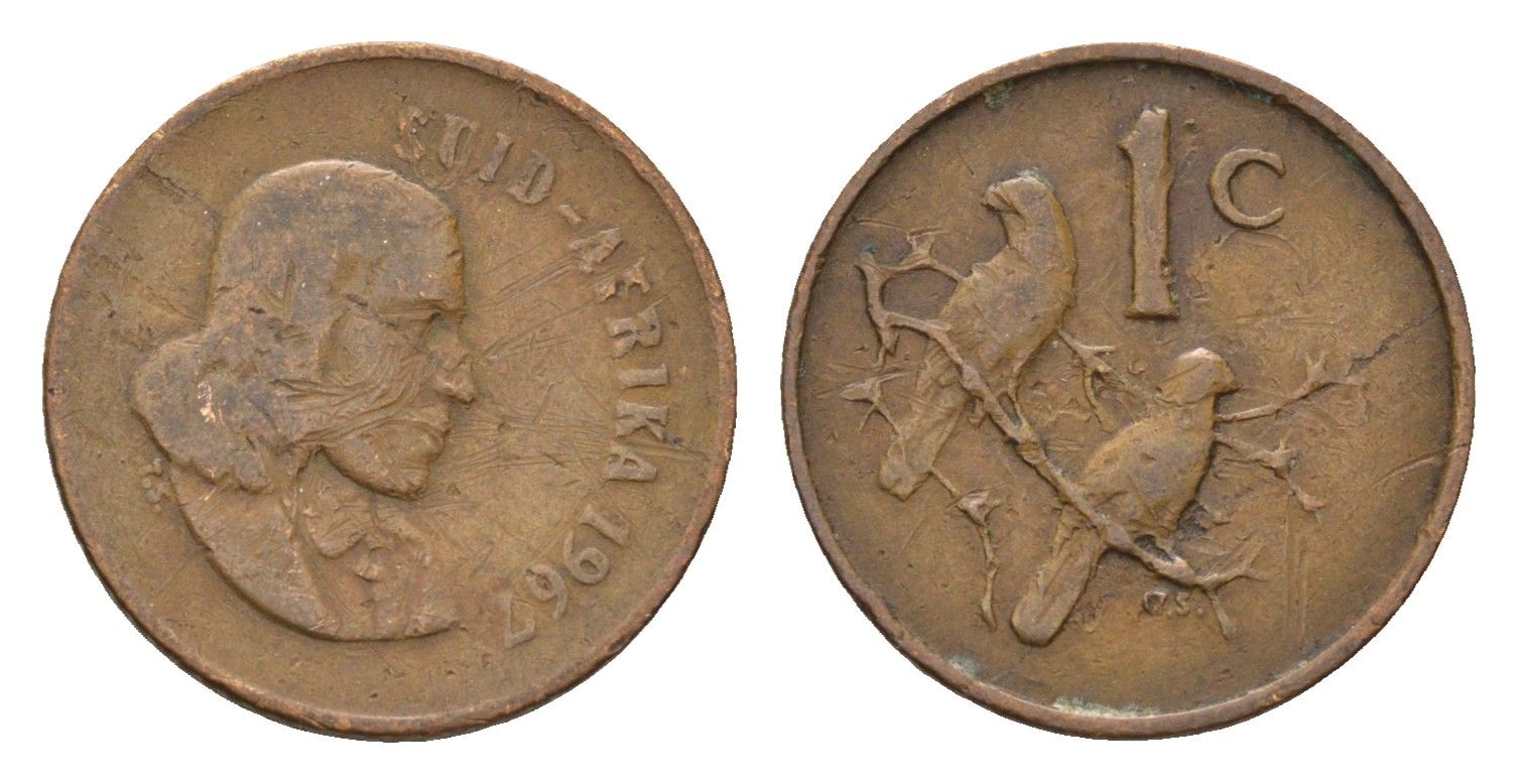 ЮАР 1 цент 1967 Ян ван Рибек (1619-1677), Suid Africa, легенда на африкаанс, капские воробьи KM 65.2 бронза 4682-721