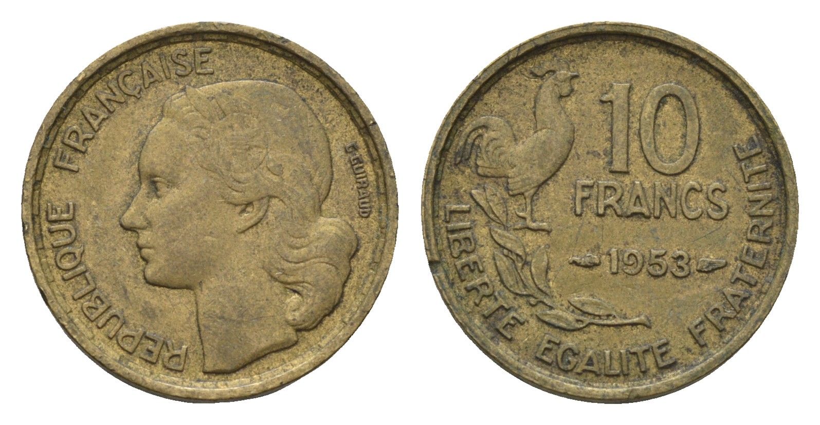 Франция 10 франков 1953 петух KM 915 алюминиевая бронза 4673-1157