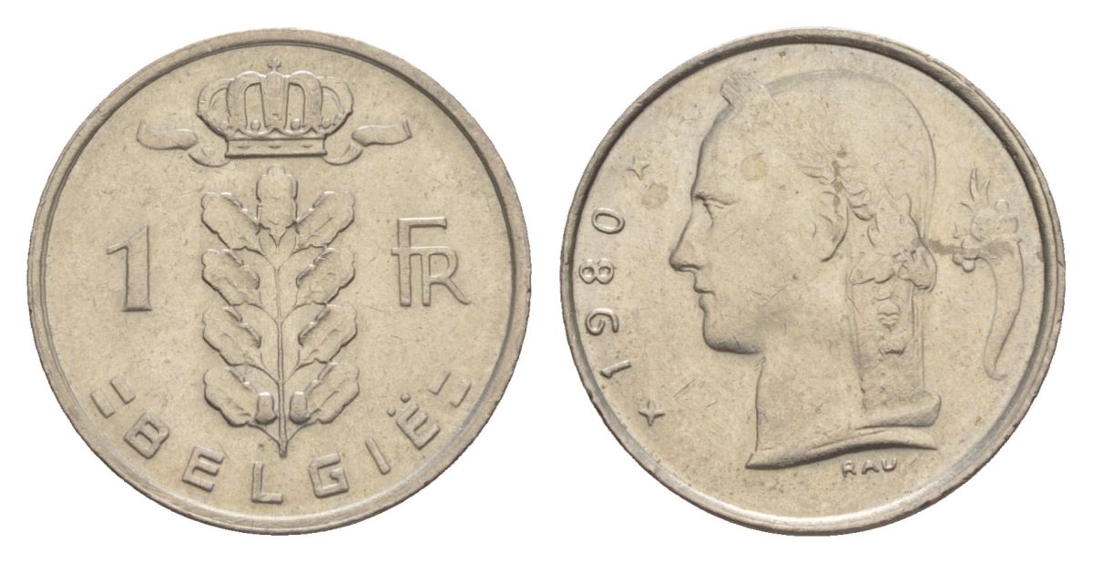 Бельгия 1 франк 1980 Belgie, Бодуэн I (1951-1993) KM 143 медно-никель aUNC 4632-555