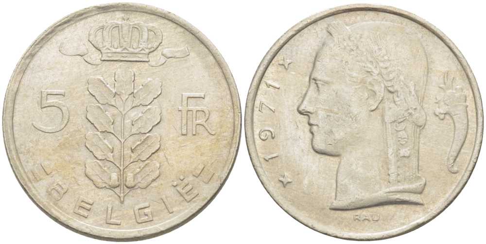 БЕЛЬГИЯ 5 ФРАНКОВ 1971 BELGIE, БОДУЭН I (1951-1993) KM 135.1 медно-никель 213-424