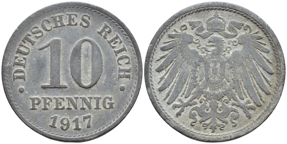 ГЕРМАНИЯ 10 ПФЕННИГОВ 1917 KM 26, J. 299 цинк 4395-1237
