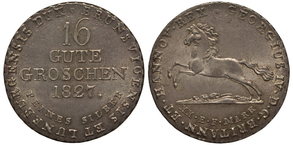 Брауншвейг-Каленберг-Ганновер 16 гутергрошенов 1827 король Георг IV (1820-1830) J 23 h, AKS 38 серебро  aUNC  11-119-22