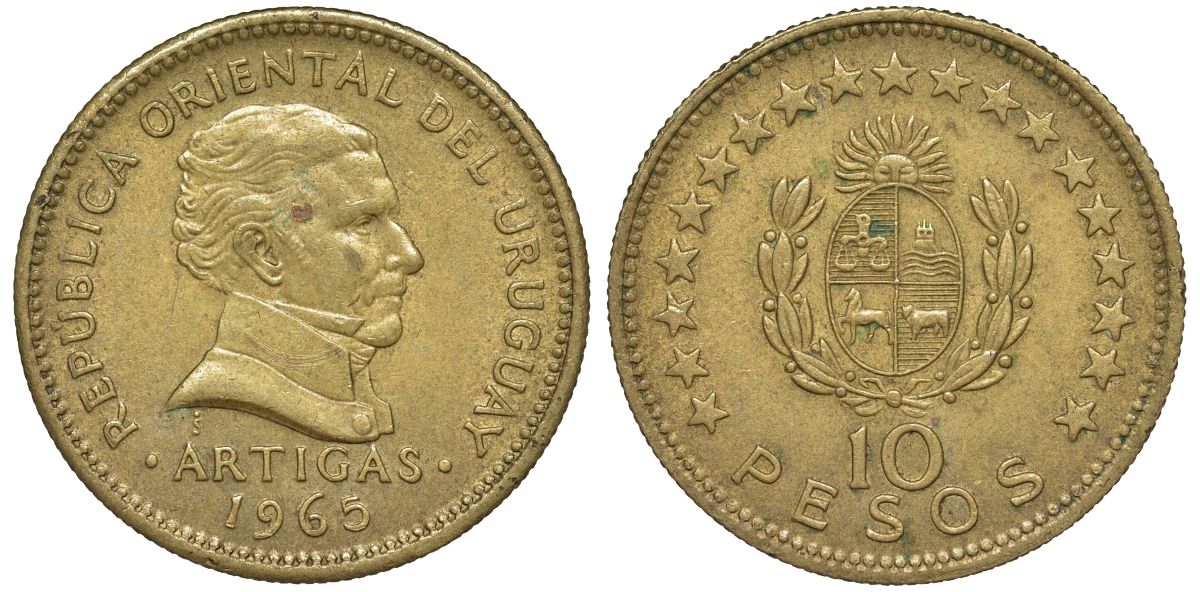 Уругвай 10 песо 1965 KM 48 алюминиевая бронза 4572-611