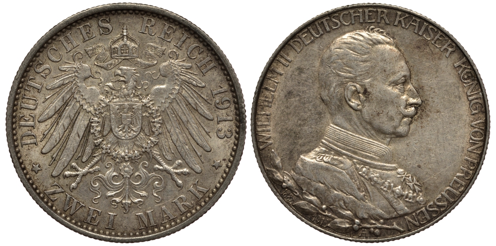 Пруссия 2 марки 1913 A, Вильгельм II (1888-1918), 25 лет правления (мундир) Weege 111, J. 111, KM 533 серебро 3711-843