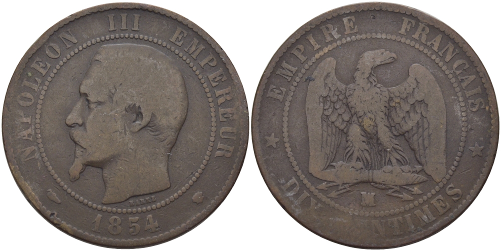 ФРАНЦИЯ 10 САНТИМОВ 1854 MA, НАПОЛЕОН III (1852-1870) KM 771.6 бронза 97-1042