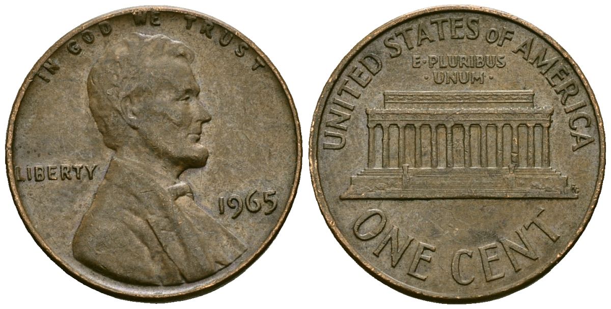 США 1 цент 1965 Линкольн KM 201 медь цинк 4136-124