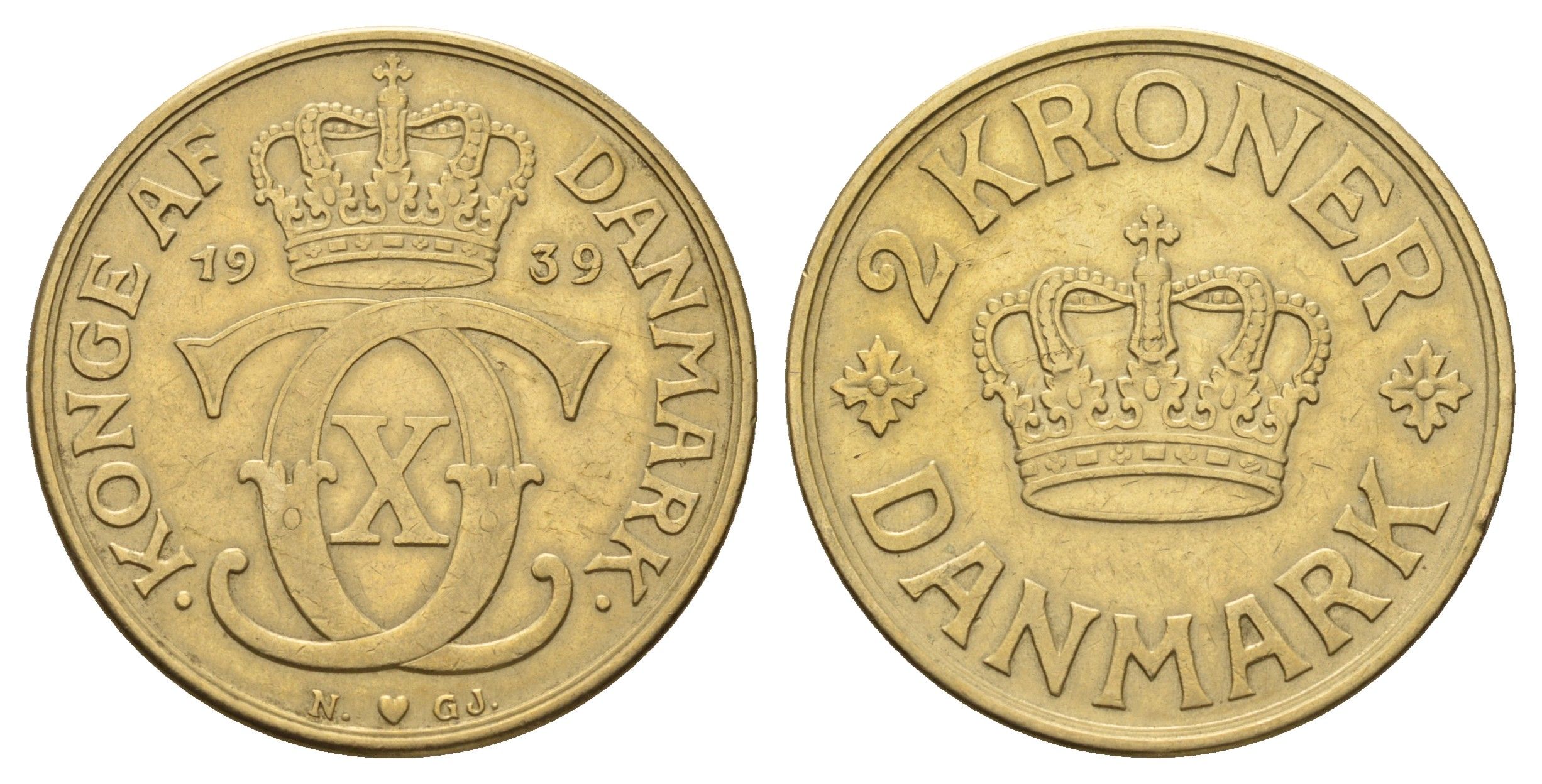 Дания 2 кроны 1939 N; GJ, Кристиан X (1912-1947) KM 825 алюминиевая бронза 84-134