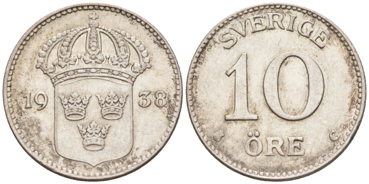 Швеция 10 эре 1938 Густав V (1907-1950) KM 780 серебро 4588-1112