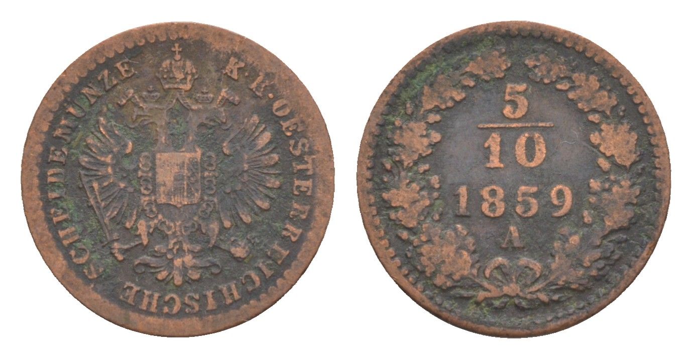 Австрия 5/10 крейцера 1859 A, Франц Иосиф I (1848-1916) KM 2182 медь 4639-148