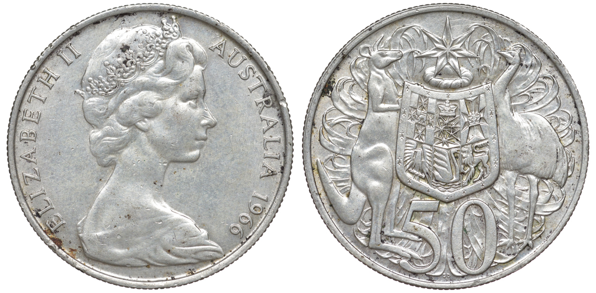 Австралия 50 центов 1966 Елизавета II (1952-2022), герб Австралии, кенгуру KM 67 серебро 4178-1215
