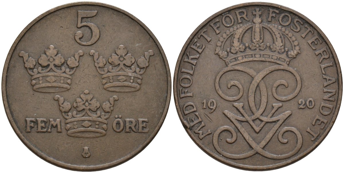 Швеция 5 эре 1920 Густав V (1907-1950) KM 779.2 бронза 4565-221