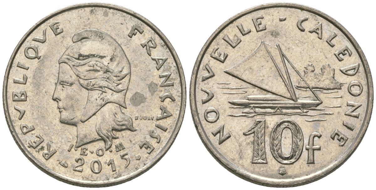 Французская Новая Каледония 10 франков 2015 рыбачья парусная лодка, (IEOM) KM 11a, Schoen 13a, Lec 99k медно-никель 68-132