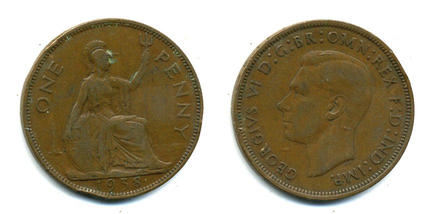 Великобритания 1 пенни 1938 Георг VI (1936-1952) KM 845, Spink 4114 бронза 37-533