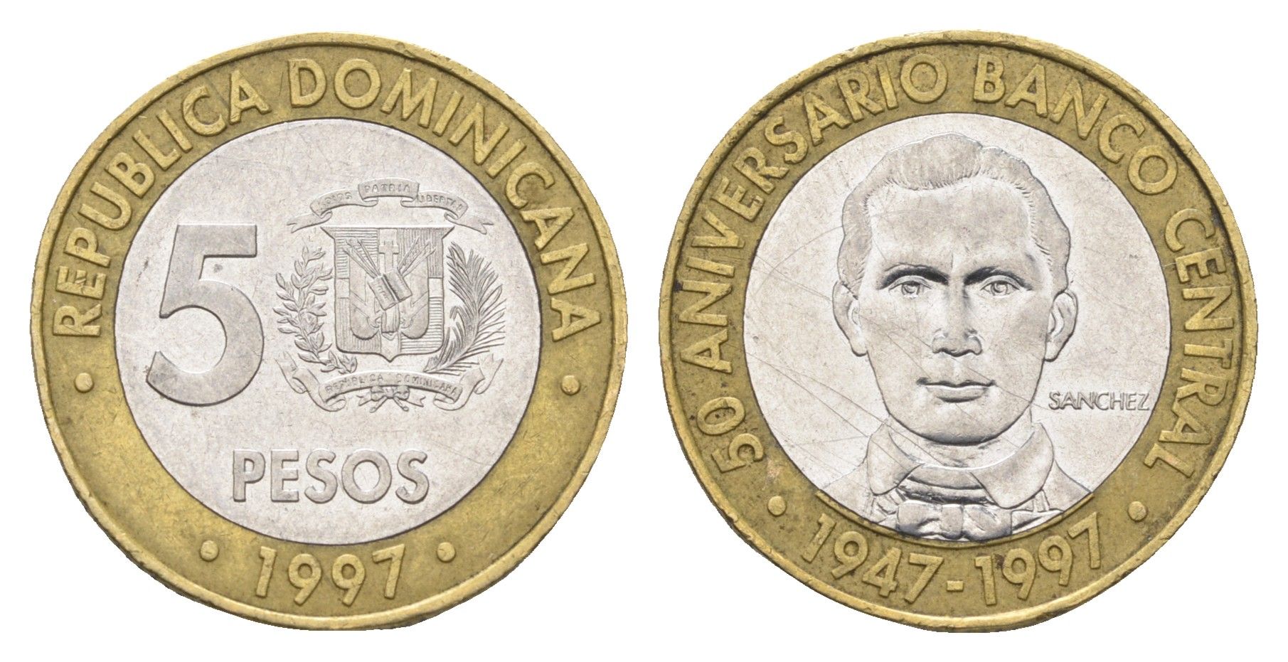 Доминиканская Республика (Доминикана) 5 песо 1997 50 лет Центробанку KM 88 биметалл 4663-921