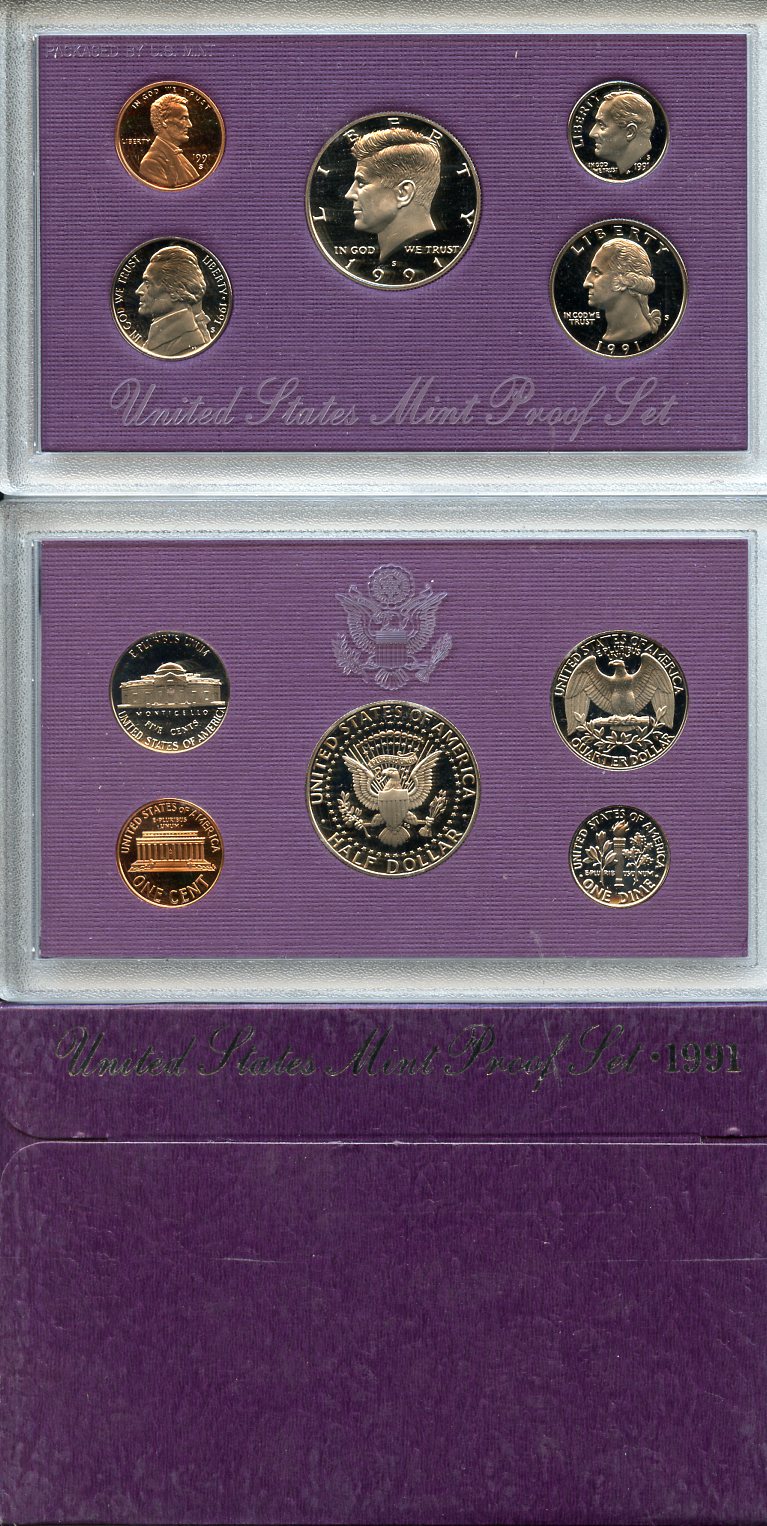 США официальный набор из 5 монет, в пластике 1991 S, Джон Кеннеди, в твердом пластике KM PS 167   PROOF  8-2-04-30