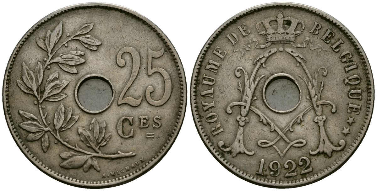 Бельгия 25 сантимов 1922 Belgique KM 68 медно-никель 4168-1243
