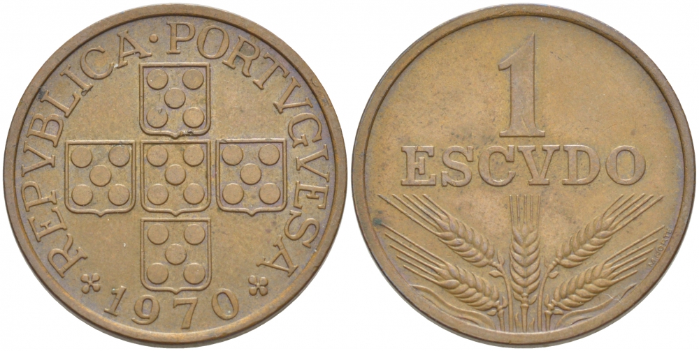 Португалия 1 эскудо 1970 KM 597 бронза 77-822