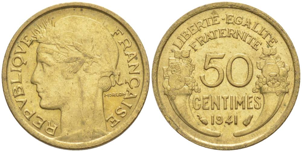 ФРАНЦИЯ 50 САНТИМОВ 1941 ТИП MORLON KM 894.1, LE FRANC 192.18 алюминиевая бронза 44-453