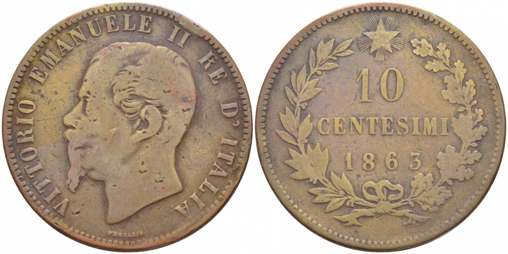 ИТАЛИЯ 10 ЧЕНТЕЗИМО 1863 ВИКТОР ИМАНУИЛ II KM 11.2 медь 51-1446