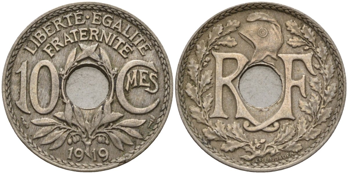 Франция 10 сантимов 1919 KM 866a, Le Franc 138.3 медно-никель 4143-842