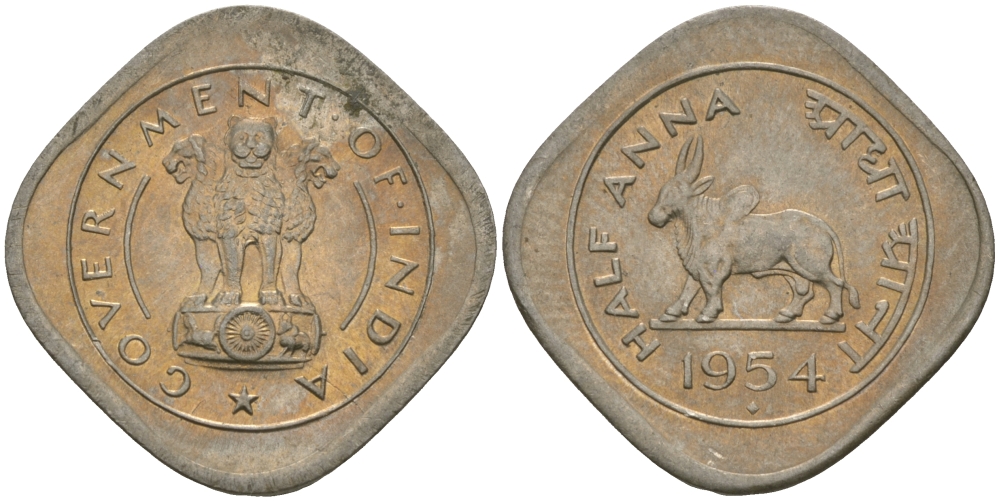 Индия 1/2 анна 1954 KM 2.2 медно-никель UNC 33-1155