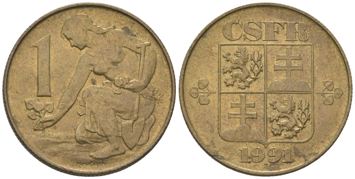 Чехословакия 1 крона 1991 KM 151 алюминиевая бронза 4605-346