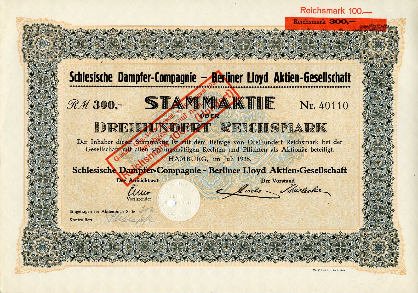 Германия 300 рейхсмарок 1928 Силезская пароходная компания, АО Берлинского Ллойда, акция   бумага   8801-25-1