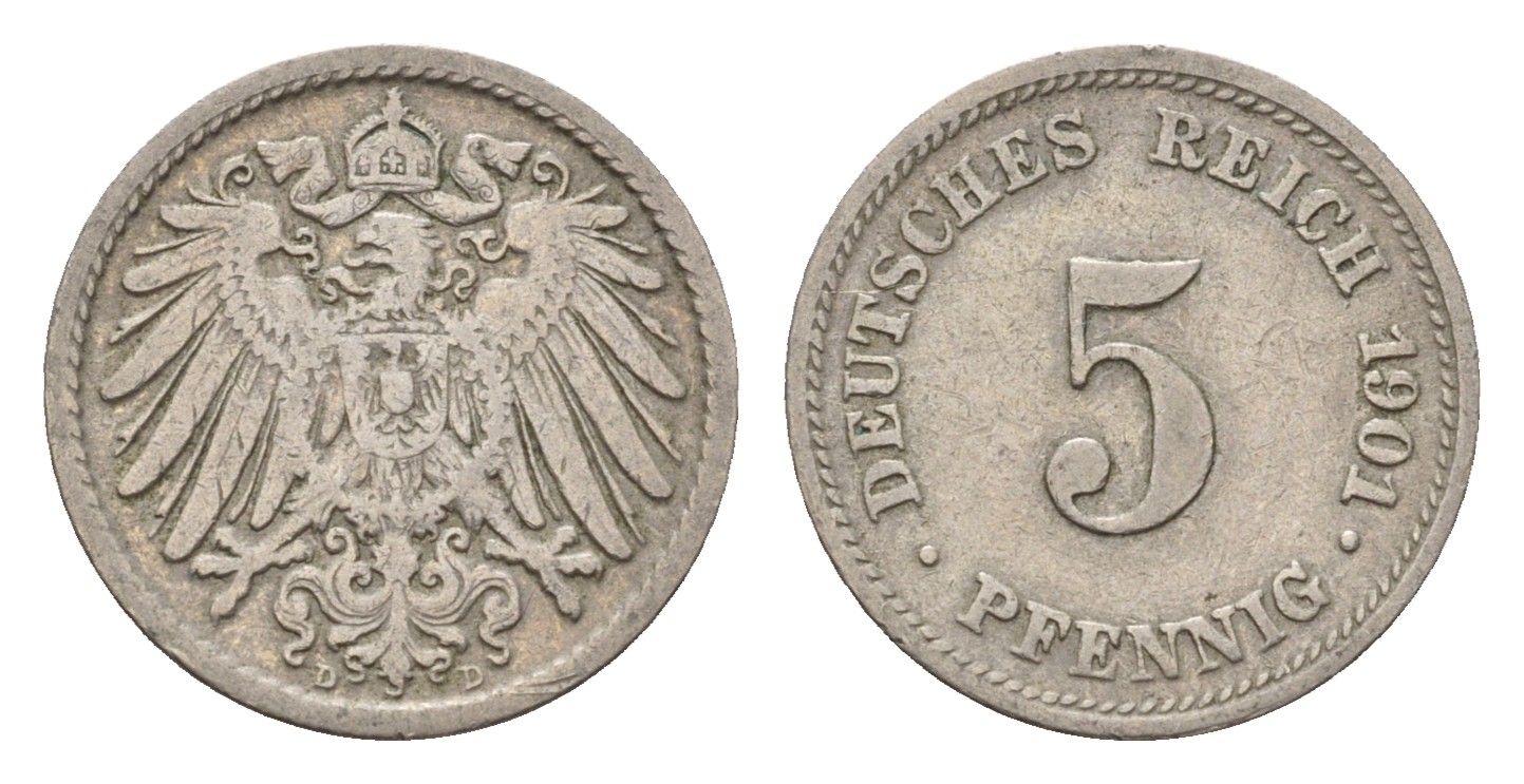 Германия 5 пфеннигов 1901 D, Вильгельм II (1888-1918) KM 11, J. 12 медно-никель 4632-1221