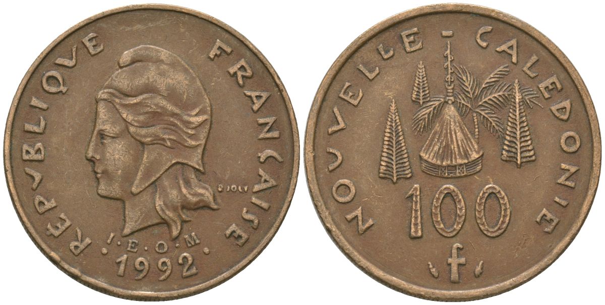 Французская Новая Каледония 100 франков 1992 хижина среди сосен и пальм, (IEOM) KM 15, Schoen 16, Lec 137 никель бронза 88-946