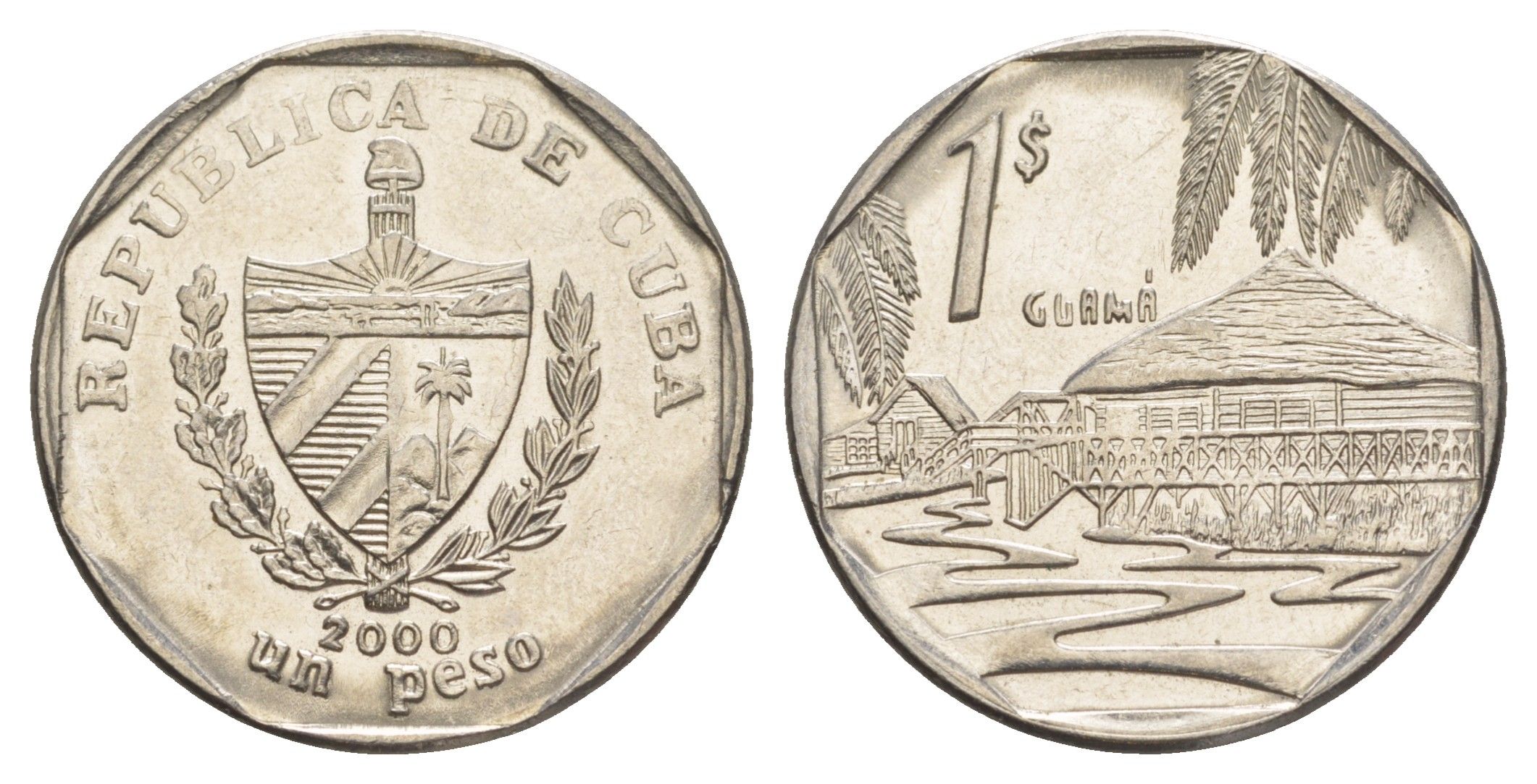 Куба 1 песо 2000 хижины Гуама KM 579 сталь плакированная никелем 4646-452