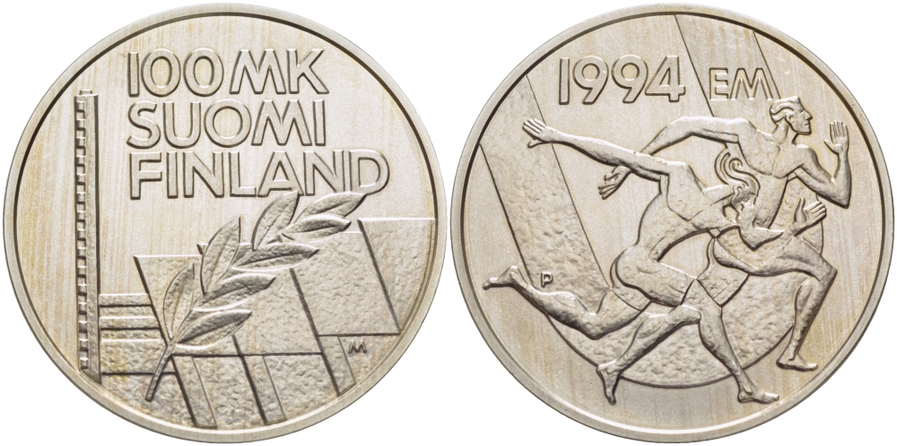 Финляндия 100 марок 1994 стадион дружбы, бег KM 78 серебро UNC 11-090-12