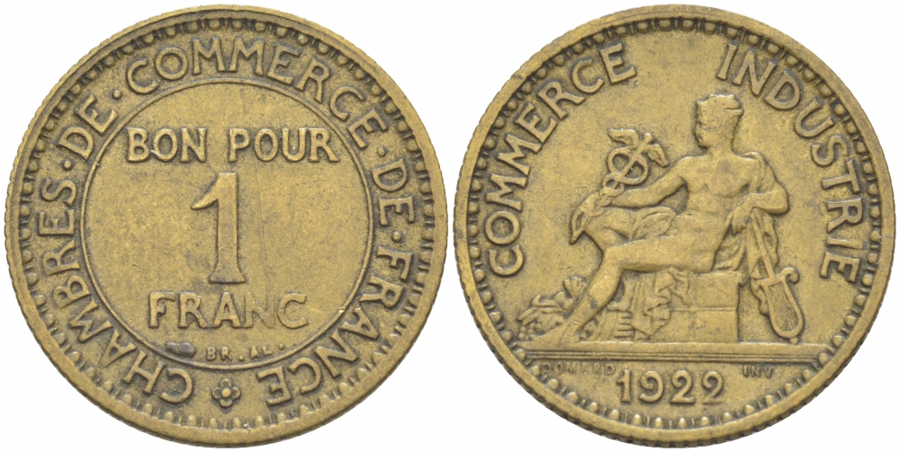 ФРАНЦИЯ 1 ФРАНК 1922 CHAMBRES DE COMMERCE KM 876, LE FRANC 218.4 алюминиевая бронза 4523-154