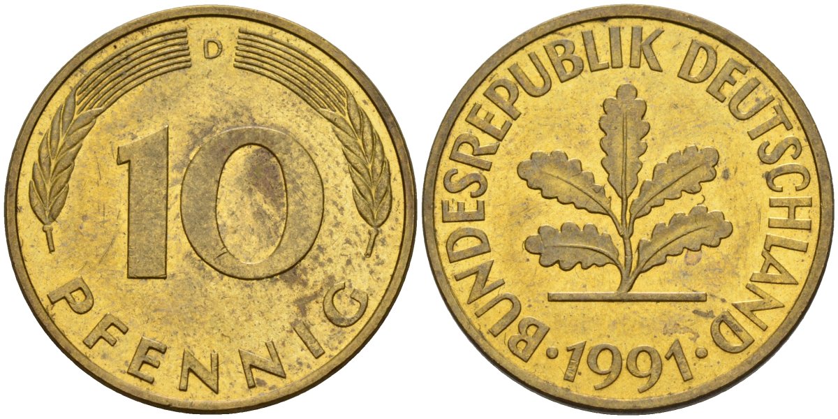 ФРГ 10 пфеннигов 1991 D KM 108, J. 383 сталь плакированная латунью 4175-954