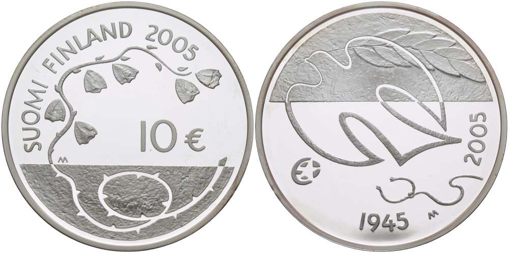 Финляндия 10 евро 2005 60 лет мира в Европе, голубь мира KM 120 серебро PROOF 11-040-14