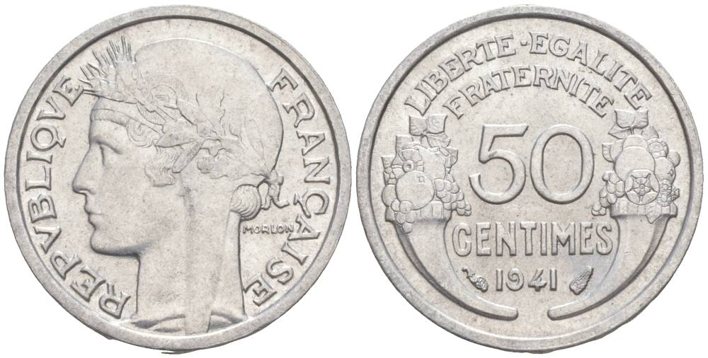 ФРАНЦИЯ 50 САНТИМОВ 1941 ТИП MORLON LOURDE KM 894.1a, LE FRANC 193.2 алюминий 44-244