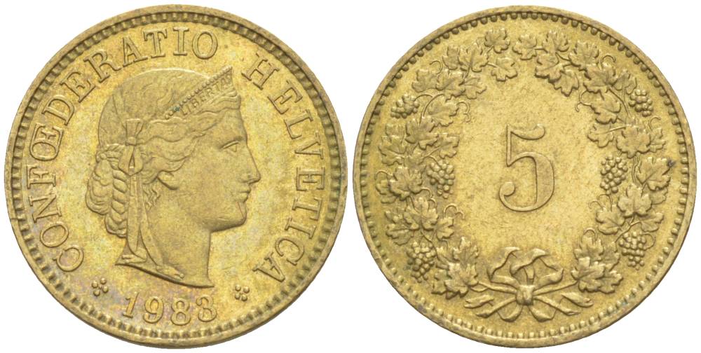 Швейцария 5 раппенов 1983 KM 26c алюминиевая бронза 105-851