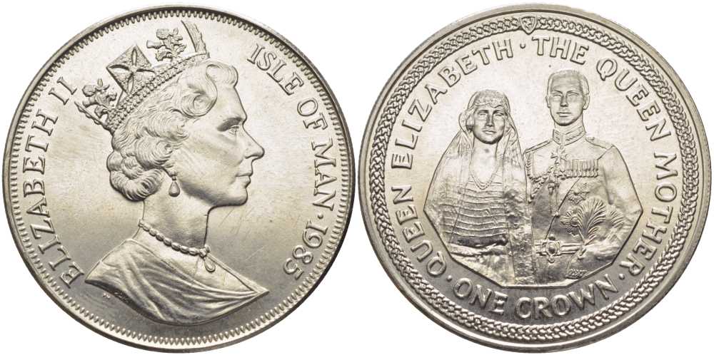 Остров Мэн 1 крона 1985 королева Елизавета (королева-мать), Елизавета и Георг V, свадебный портрет KM 218 медно-никель UNC 107-735