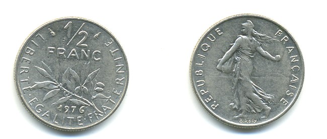 ФРАНЦИЯ 1/2 ФРАНКА 1976 СЕЯТЕЛЬ KM 931.1, LE FRANC 198.15 никель 25-944