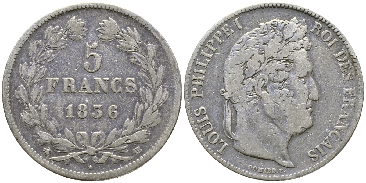 Франция 5 франков 1836 BB, Луи Филипп I (1830-1848) KM 749.3 серебро 1066-7-63