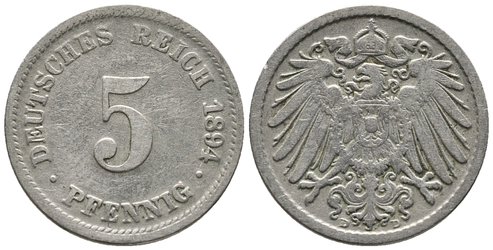 ГЕРМАНИЯ 5 ПФЕННИГОВ 1894 D KM 11, J. 12 медно-никель 39-658