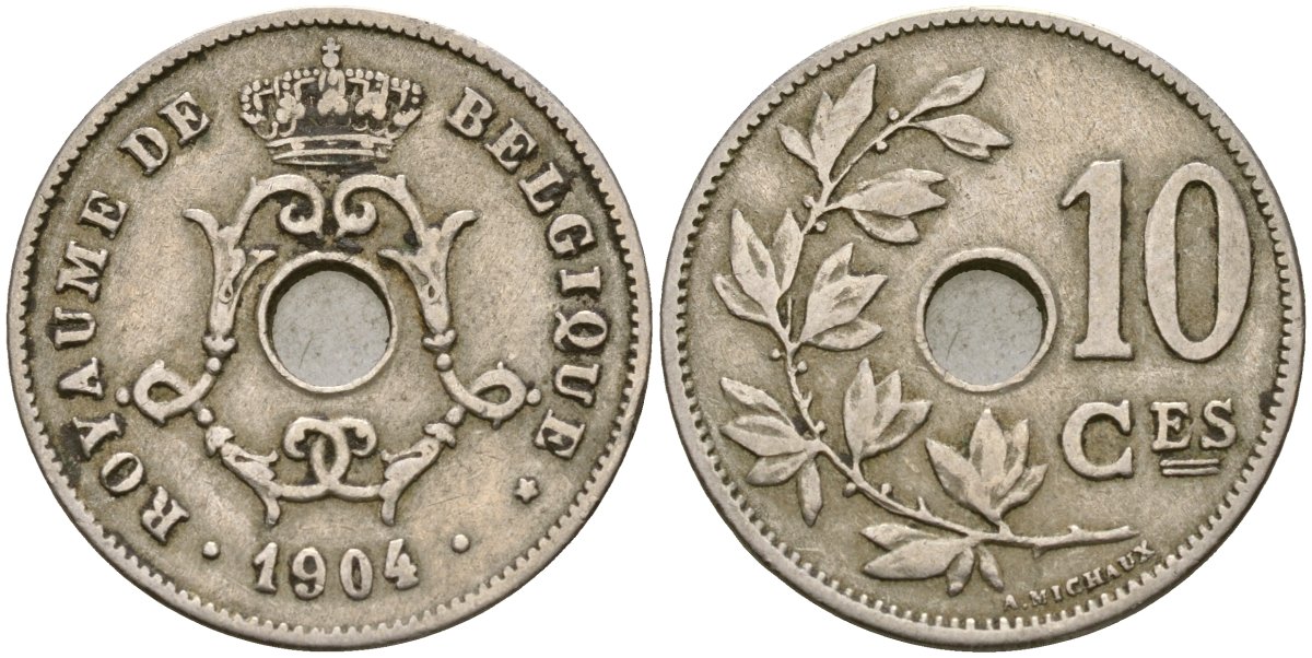 Бельгия 10 сантимов 1904 BELGIQUE, Леопольд II (1865 - 1909) KM 52 медно-никель 4132-224