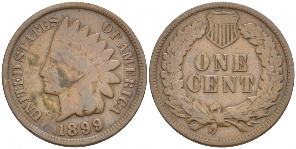 США 1 ЦЕНТ 1899 ИНДЕЕЦ KM 90а бронза 4547-264